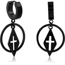 BLACK PVD COATED STAINLESS STEEL GRADE 304 HUGGIES PAIR WITH DANGLING CROSS