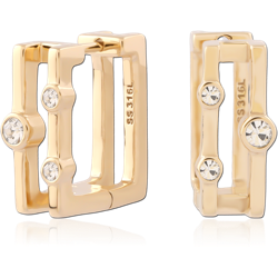 316L GOLD PVD 18K COATED SURGICAL STEEL GRADE 316L HUGGIES RECTANGLE TRIPLE CRYSTAL PAIR