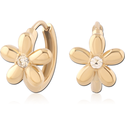 316L GOLD PVD 18K COATED SURGICAL STEEL GRADE 316L HUGGIES FLOWER FRONT CLEAR CENTER GEM