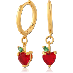 GOLD PVD COATED SURGICAL STEEL GRADE 316L HUGGIE EARRINGS WITH RED HEART AND LEAF CHARM