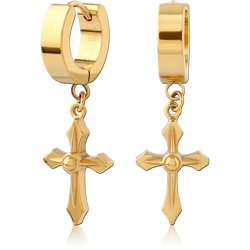 GOLD PVD COATED STAINLESS STEEL GRADE 304 HUGGIES PAIR WITH DANGLING CROSS