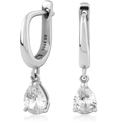 316L SURGICAL STEEL GRADE 316L HINGED HUGGIES WITH TEARDROP CLEAR GEM DANGLE PRONG SET