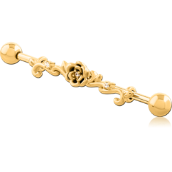 GOLD PVD COATED SURGICAL STEEL GRADE 316L INDUSTRIAL BARBELL WITH SLIDING ROSE SCROLL AND CLEAR GEMS