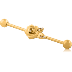 GOLD PVD COATED SURGICAL STEEL GRADE 316L INDUSTRIAL BARBELL WITH SLIDING ROSE AND LEAF GEMS