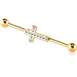 GOLD PVD COATED SURGICAL STEEL GRADE 316L INDUSTRIAL BARBELL WITH JEWELED CROSS