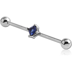 SURGICAL STEEL GRADE 316L PRONG SET SQUARE JEWELED INDUSTRIAL BARBELL