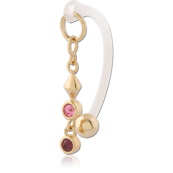 316L GOLD PVD 18K COATED SURGICAL STEEL GRADE 316L THREE GEM WITH BIOFLEX VERTICAL HOOD BANANA