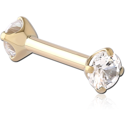 14 KARAT GOLD YELLOW INTERNALLY THREADED DOUBLE JEWELED CZ BARBELL