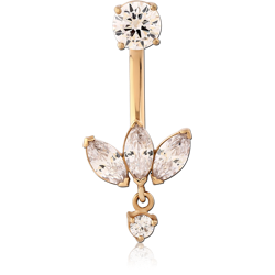 GOLD PVD 18K COATED SURGICAL STEEL GRADE 316L INTERNALLY THREADED DOUBLE JEWELED NAVEL BANANA