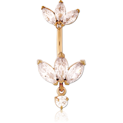 GOLD PVD 18K COATED SURGICAL STEEL GRADE 316L INTERNALLY THREADED DOUBLE JEWELED NAVEL BANANA