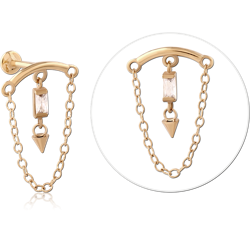 GOLD PVD 18K COATED SURGICAL STEEL GRADE 316L INTERNALLY THREADED JEWELED MICRO LABRET WITH CHAIN