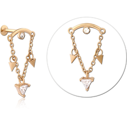 GOLD PVD 18K COATED SURGICAL STEEL GRADE 316L INTERNALLY THREADED JEWELED MICRO LABRET WITH CHAIN