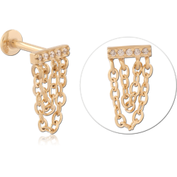 GOLD PVD 18K COATED SURGICAL STEEL GRADE 316L INTERNAL LABRET GEM BAR TRIPLE CHAINS