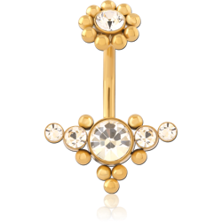 GOLD PVD COATED SURGICAL STEEL GRADE 316L INTERNALLY THREADED DOUBLE JEWELED NAVEL BANANA