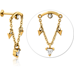 GOLD PVD COATED SURGICAL STEEL GRADE 316L INTERNALLY THREADED JEWELED MICRO LABRET WITH CHAIN