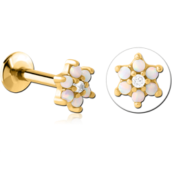 GOLD PVD COATED SURGICAL STEEL GRADE 316L INTERNALLY THREADED SYNTHETIC OPAL MICRO LABRET