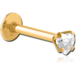 GOLD PVD COATED SURGICAL STEEL GRADE 316L INTERNALLY THREADED HEART PRONG SET JEWELED MICRO LABRET