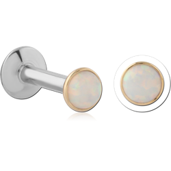 14 KARAT GOLD YELLOW ROUND SYNTHETIC OPAL JEWELED ATTACHMENT WITH SURGICAL STEEL INTERNALLY THREADED LABRET PIN