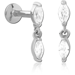 SURGICAL STEEL GRADE 316L INTERNAL LABRET FLAT BACK DOUBLE MARQUISE CLEAR GEM DANGLE