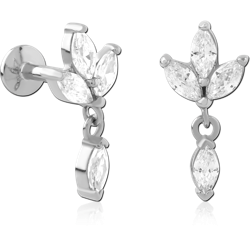SURGICAL STEEL GRADE 316L INTERNAL LABRET FLAT BACK MARQUISE CLUSTER CLEAR GEM DANGLE