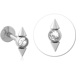 SURGICAL STEEL GRADE 316L LABRET BEZEL CLEAR GEM WITH DOUBLE SPIKE ACCENTS