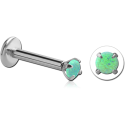 SURGICAL STEEL GRADE 316L INTERNALLY THREADED MICRO LABRET WITH PRONG SET ROUND ORGANIC SYNTHETIC OPAL JEWELED ATTACHMENT