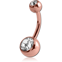 ROSE GOLD PVD COATED SURGICAL STEEL GRADE 316L INTERNALLY THREADED DOUBLE JEWELED CURVED BARBELL