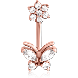 ROSE GOLD PVD COATED SURGICAL STEEL GRADE 316L INTERNALLY THREADED DOUBLE JEWELED NAVEL BANANA