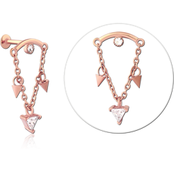 ROSE GOLD PVD COATED SURGICAL STEEL GRADE 316L INTERNALLY THREADED JEWELED MICRO LABRET WITH CHAIN