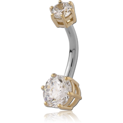 14 KARAT GOLD YELLOW DOUBLE JEWELED PRONG SET WITH TITANIUM INTERNALLY THREADED NAVEL BANANA