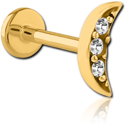 STERILE GOLD PVD COATED SURGICAL STEEL GRADE 316L INTERNALLY THREADED JEWELED MICRO LABRET - CRESCENT 3 GEMS