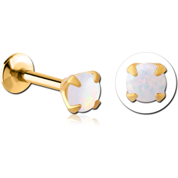 STERILE GOLD PVD COATED GOLD PVD COATED SURGICAL STEEL GRADE 316L INTERNALLY THREADED MICRO LABRET WITH PRONG SET ROUND SYNTHETIC OPAL ATTACHMENT