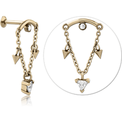 ZIRCON GOLD PVD COATED SURGICAL STEEL GRADE 316L INTERNALLY THREADED JEWELED MICRO LABRET WITH CHAIN