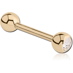 18 KARAT GOLD YELLOW JEWELED BARBELL WITH ONE HOLLOW BALL