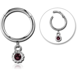 SURGICAL STEEL GRADE 316L ROUND HINGED SEGMENT RING WITH HOOP AND JEWELED DANGLING CHARM - BALL