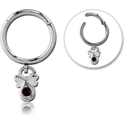 SURGICAL STEEL GRADE 316L ROUND HINGED SEGMENT RING WITH HOOP AND JEWELED DANGLING CHARM - FLOWER