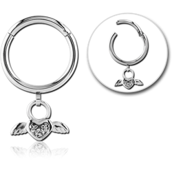 SURGICAL STEEL GRADE 316L ROUND HINGED SEGMENT RING WITH HOOP AND JEWELED DANGLING CHARM - HEART WITH WINGS