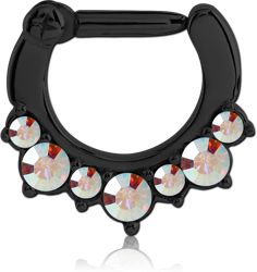 BLACK PVD COATED SURGICAL STEEL GRADE 316L ROUND VALUE JEWELED HINGED SEPTUM CLICKER