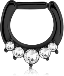BLACK PVD COATED SURGICAL STEEL GRADE 316L ROUND PREMIUM CRYSTALS JEWELED HINGED SEPTUM CLICKER