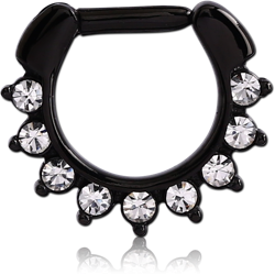 BLACK PVD COATED SURGICAL STEEL GRADE 316L ROUND VALUE JEWELED HINGED SEPTUM CLICKER