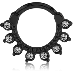 BLACK PVD COATED SURGICAL STEEL GRADE 316L ROUND JEWELED HINGED SEPTUM CLICKER