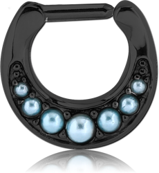 BLACK PVD COATED SURGICAL STEEL GRADE 316L ROUND JEWELED HINGED SEPTUM CLICKER WITH ORGANIC SYNTHETIC TURQUOISE