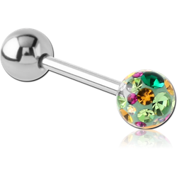 SURGICAL STEEL GRADE 316L BARBELL WITH ONE EPOXY COATED CRYSTALINE JEWELED BALL