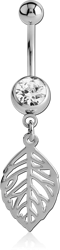 SURGICAL STEEL GRADE 316L JEWELED NAVEL BANANA WITH DANGLING SILVER PLATED CHARM - LEAF