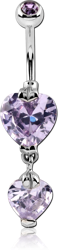 SURGICAL STEEL GRADE 316L DOUBLE HEART CZ DANGLE BANANA WITH JEWELED BALL