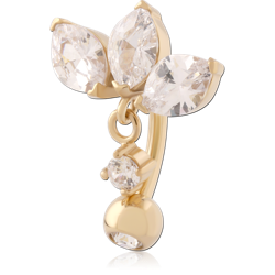 GOLD PVD 18K COATED SURGICAL STEEL GRADE 316L MARQUISE CZ AND DANGLE BANANA WITH JEWELED BALL