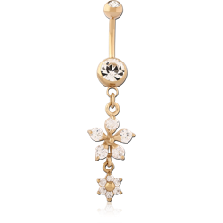 GOLD PVD COATED SURGICAL STEEL GRADE 316L DOUBLE ROUND CZ JEWELED WITH DANGLING NAVEL BANANA