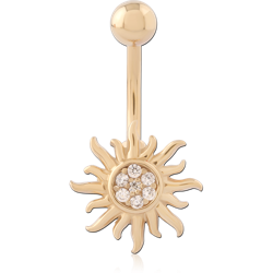 GOLD PVD 18K COATED SURGICAL STEEL GRADE 316L BANANA WITH SUN CHARM CLEAR GEM CLUSTER