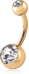 GOLD PVD 18K COATED TITANIUM ALLOY DOUBLE OPTIMA CRYSTAL JEWELED NAVEL BANANA