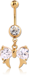 GOLD PVD COATED SURGICAL STEEL GRADE 316L VALUE JEWELED NAVEL BANANA WITH DANGLING CHARM - BOW WITH FANGS